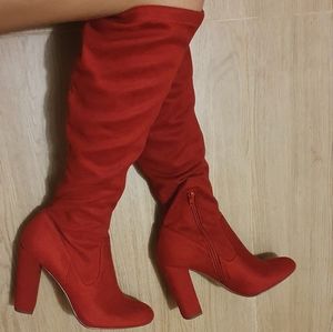 Red knee high boots